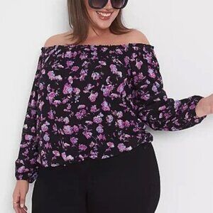 LANE BRYANT Relaxed Long-Sleeve Off-The-Shoulder Cropped Top Black Floral 18/20